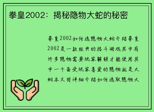 拳皇2002：揭秘隐物大蛇的秘密