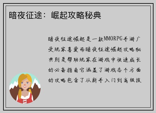 暗夜征途：崛起攻略秘典